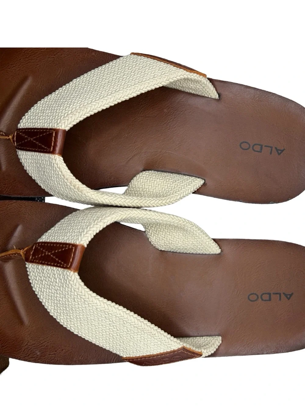 Aldo Brown Leather Footbed with Cream Woven Strap Flip Flops size 12